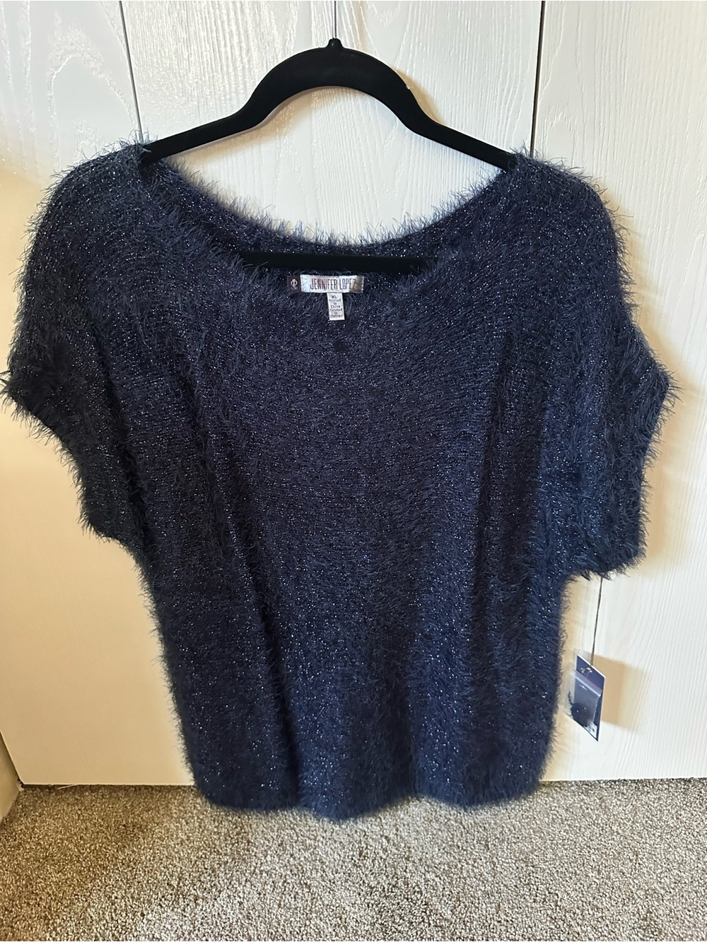 Jennifer Lopez Navy Fuzzy Short-Sleeve Sweater